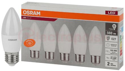Лампа светодиодная LED 7 Вт E27 4000К 560Лм свеча 220 В (замена 60Вт) OSRAM