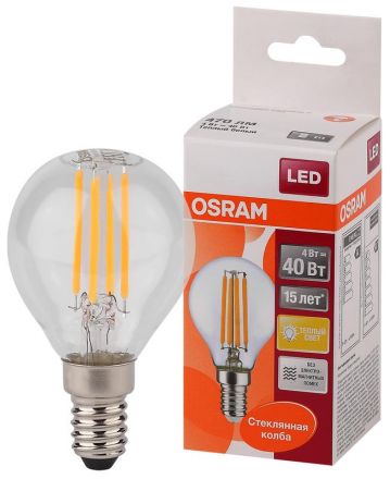 Лампа светодиодная LED 4Вт Е14 STAR ClassicP (замена 40Вт),теплый, прозр. Филаментная Osram