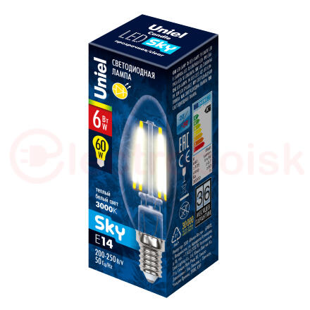 Лампа светодиодная LED 6вт 200-250В свеча прозрачное 500Лм Е14 3000К Uniel Sky филамент