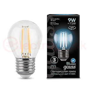 Лампа светодиодная LED 9 Вт 710 Лм 4100К белая Е27 Шар Filament Gauss
