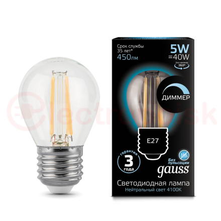 Лампа светодиодная LED 5 Вт 450 Лм 4100К белая Е27 Шар диммируемая Filament Gauss