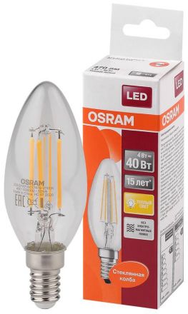 Лампа светодиодная LED 4Вт Е14 FILAMENT CLB40, тепло-бел, прозр.свеча OSRAM
