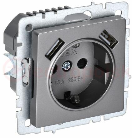 BRITE Роз. с з/к/ш 16А с USB A+A 3,1А РЮш10-2-БрС сталь IEK