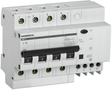 Выключатель автоматический дифференциальный АД14 4Р 10А 30мА GENERICA