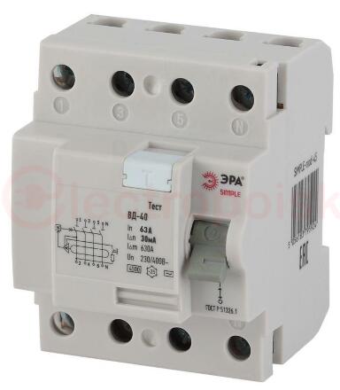 SIMPLE-mod-46 ЭРА SIMPLE Устройство защитного отключения УЗО ВД-40 4P 63А/30мА (электронное)
