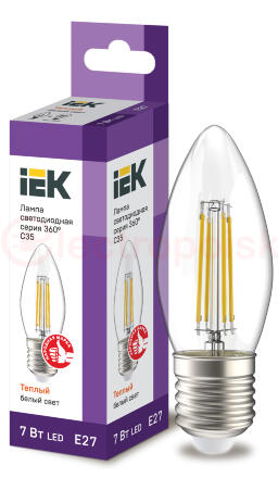 Лампа светодиодная LED 7вт Е27 теплый свеча FILAMENT