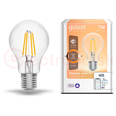 Лампа светодиодная умная LED 7 Вт 806 Лм 2700К E27 А60 диммируемая управление по Wi-Fi Smart Home Filament Gauss