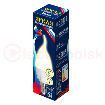 Лампа светодиодная LED 7вт 175-250В свеча на ветру матовая 600Лм Е14 3000К Uniel ЯРКАЯ