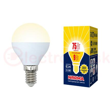 Лампа светодиодная LED-G45-9W/WW/E14/FR/NR Форма шар, матовая. Серия Norma. Теплый белый свет (3000K). Картон. ТМ Volpe