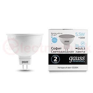 Лампа светодиодная LED 5,5 Вт 470 Лм 6500К холодная GU5.3 MR16 Elementary Gauss