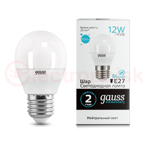 Лампа светодиодная LED 12 Вт 920 Лм 4100К белая Е27 Шар Elementary Gauss
