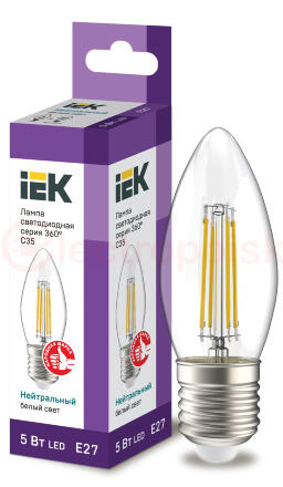 Лампа светодиодная LED 5вт Е27 белый свеча FILAMENT