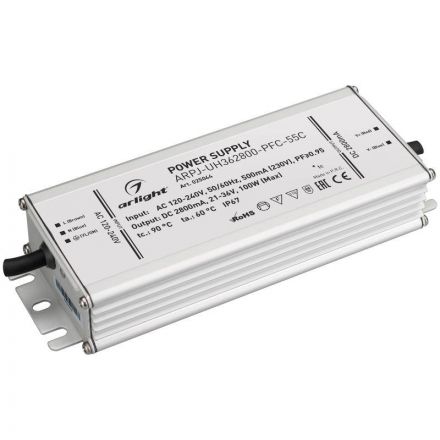Блок питания ARPJ-UH362800-PFC-55C (100W, 2.8A) (ARL, IP67 Металл, 5 лет)