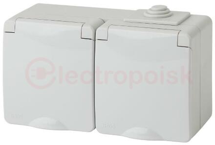 Розетка 2х2P+E гориз. IP65, 16A-250В, ОУ, Эра Эксперт, серый, 11-2603-03