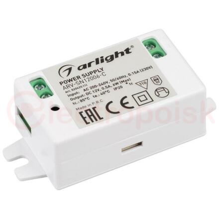 Блок питания ARV-SN12006-C (12V, 0.5A, 6W) (ARL, IP20 Пластик, 3 года)