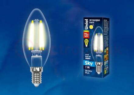 LED-C35-13W/3000K/E14/CL PLS02WH Лампа светодиод  ая. Форма свеча, прозрачная. Серия Sky. Теплый белый свет (3000К)