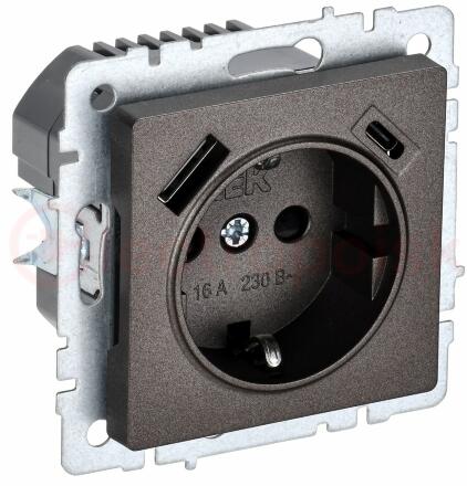 BRITE Роз. с з/к/ш 16А с USB A+C 18Вт РЮш11-1-БрТБ бр. IEK