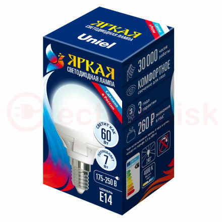 Лампа светодиодная LED 7вт 175-250В шар матовый 600Лм Е14 4000К Uniel ЯРКАЯ