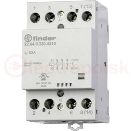 Модульный контактор 63А, 4 NO, катушка 230В AC/DC, Механический индикатор, Контакты AgSnO2