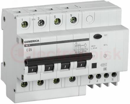 Выключатель автоматический дифференциальный АД14 4Р 25А 30мА GENERICA