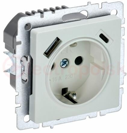 BRITE Роз. с з/к/ш 16А с USB A+C 18Вт РЮш11-1-БрЖ жемч. IEK