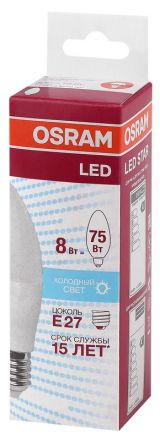 Лампа светодиодная LED 8Вт E27 CLB75 белый, матов.свеча OSRAM