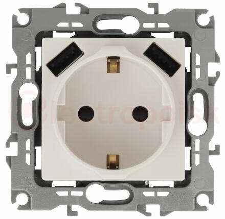 Розетка 2P+E 16A-250В, штор. с 2xUSB 5В-3А, Эра Elegance, слоновая кость 14-4109-02 ЭРА