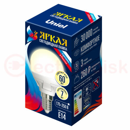 Лампа светодиодная LED 7вт 175-250В шар матовый 600Лм Е14 3000К Uniel ЯРКАЯ
