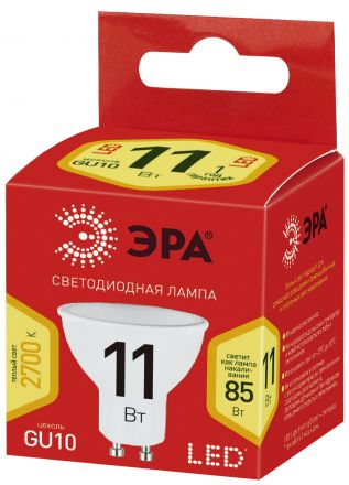 Лампа светодиодная ECO LED MR16-11W-827-GU10 (диод, софит, 11Вт, тепл, GU10) ЭРА (10/100/4000) ЭРА